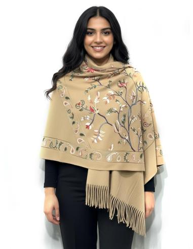CHALES DE INVIERNO MARRON CAMEL CON FLORES | PASHMINA MUJER
