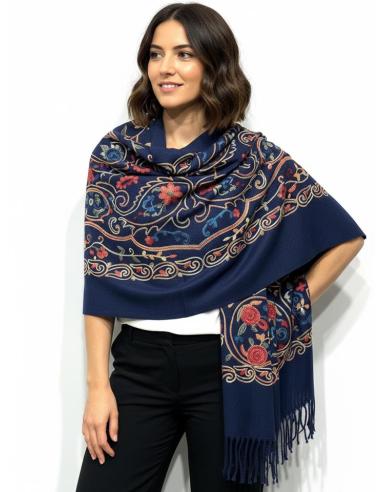 CHALES DE INVIERNO EN AZUL MARINO CON FLORES | PASHMINA MUJER