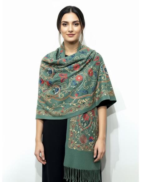 CHALES DE INVIERNO VERDES OLIVA CON FLORES | PASHMINA MUJER