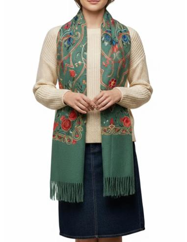 CHALES DE INVIERNO VERDES OLIVA CON FLORES | PASHMINA MUJER