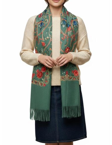 CHALES DE INVIERNO VERDES OLIVA CON FLORES | PASHMINA MUJER