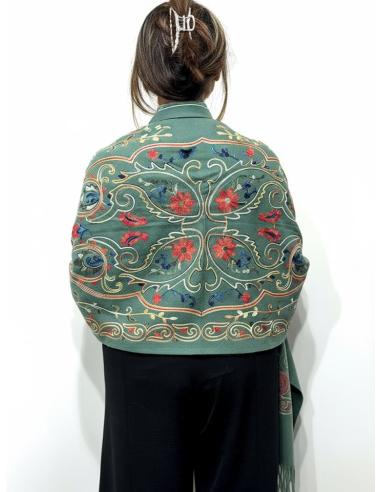 CHALES DE INVIERNO VERDES OLIVA CON FLORES | PASHMINA MUJER