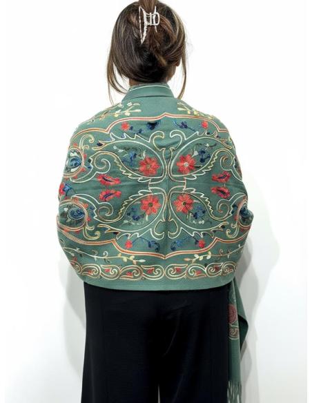 CHALES DE INVIERNO VERDES OLIVA CON FLORES | PASHMINA MUJER