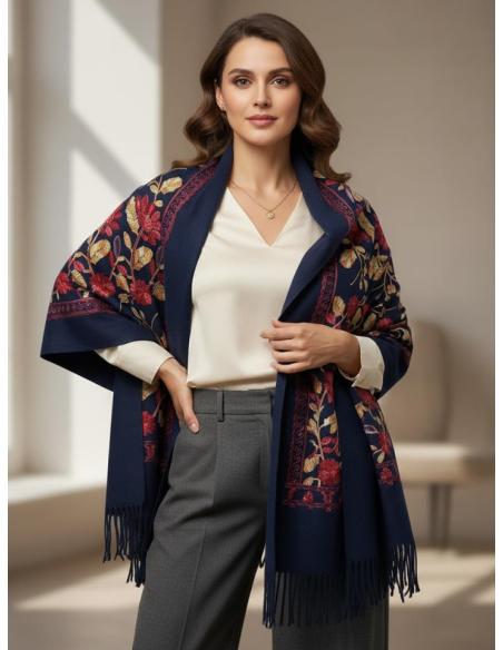 CHALES DE INVIERNO AZULES MARINO Y BELLO BORDADO | BUFANDAS PASHMINA