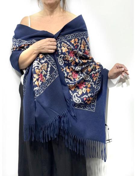 CHALES DE INVIERNO AZULES MARINO Y BELLO BORDADO | BUFANDAS PASHMINA