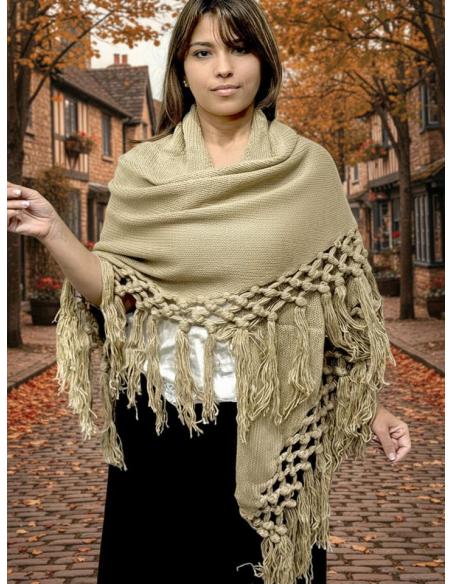 CHALES CAMEL DE PUNTO CON FLECOS PARA INVIERNO | MODA MUJER