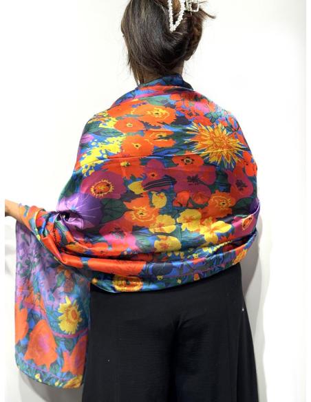 PAÑUELO DE FLORES GRANDES MORADO AZUL ROJO Y VERDE | FULAR MUJER