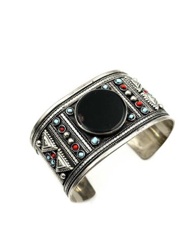 BRAZALETES ANCHOS PLATA INDIA Y PIEDRA NEGRA | PULSERAS MUJER
