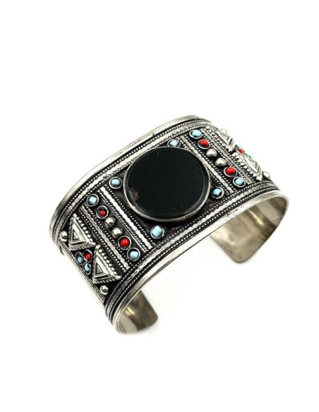 BRAZALETES ANCHOS PLATA INDIA Y PIEDRA NEGRA | PULSERAS MUJER