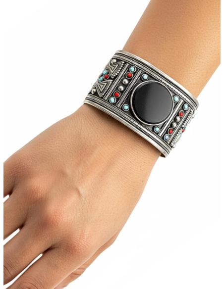 BRAZALETES ANCHOS PLATA INDIA Y PIEDRA NEGRA | PULSERAS MUJER