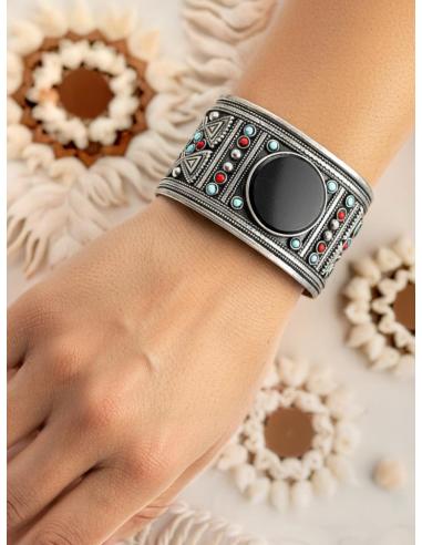 BRAZALETES ANCHOS PLATA INDIA Y PIEDRA NEGRA | PULSERAS MUJER