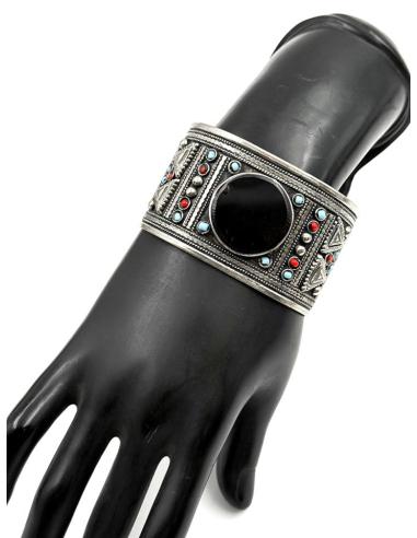 BRAZALETES ANCHOS PLATA INDIA Y PIEDRA NEGRA | PULSERAS MUJER