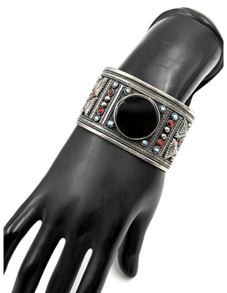 BRAZALETES ANCHOS PLATA INDIA Y PIEDRA NEGRA | PULSERAS MUJER