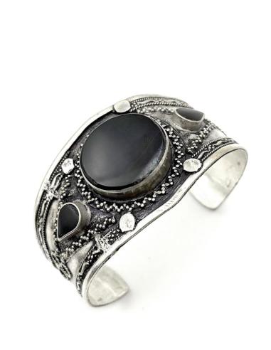 BRAZALETES ANCHOS PLATA INDIA Y PIEDRA NEGRA | PULSERAS ETNICAS