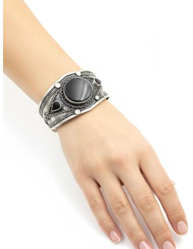 BRAZALETES ANCHOS PLATA INDIA Y PIEDRA NEGRA | PULSERAS ETNICAS