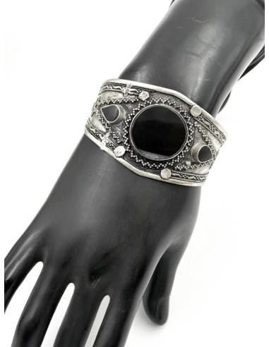 BRAZALETES ANCHOS PLATA INDIA Y PIEDRA NEGRA | PULSERAS ETNICAS