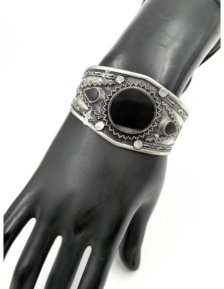 BRAZALETES ANCHOS PLATA INDIA Y PIEDRA NEGRA | PULSERAS ETNICAS