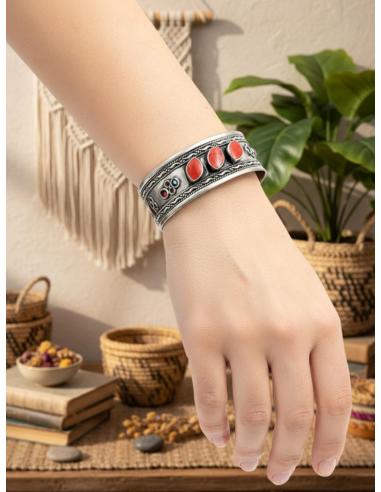 PULSERAS PLATA INDIA Y PIEDRA ROJA ESTILO BOHO | BRAZALETES MUJER