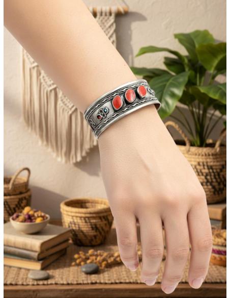 PULSERAS PLATA INDIA Y PIEDRA ROJA ESTILO BOHO | BRAZALETES MUJER