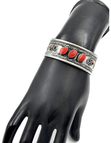 PULSERAS PLATA INDIA Y PIEDRA ROJA ESTILO BOHO | BRAZALETES MUJER