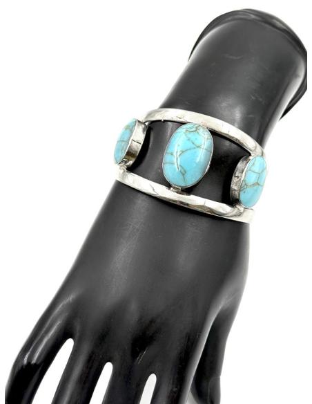 BRAZALETES ANCHOS PLATA INDIA Y PIEDRAS AZULES | PULSERAS MUJER