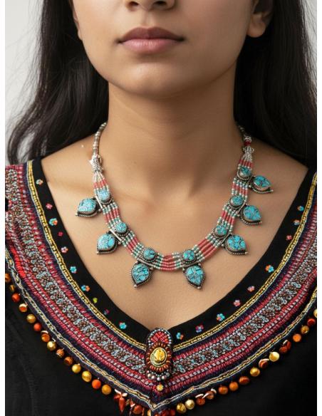 COLLAR PLATA TURQUESA Y CORAL JOYAS NEPAL | ARTESANIA TIBET MUJER