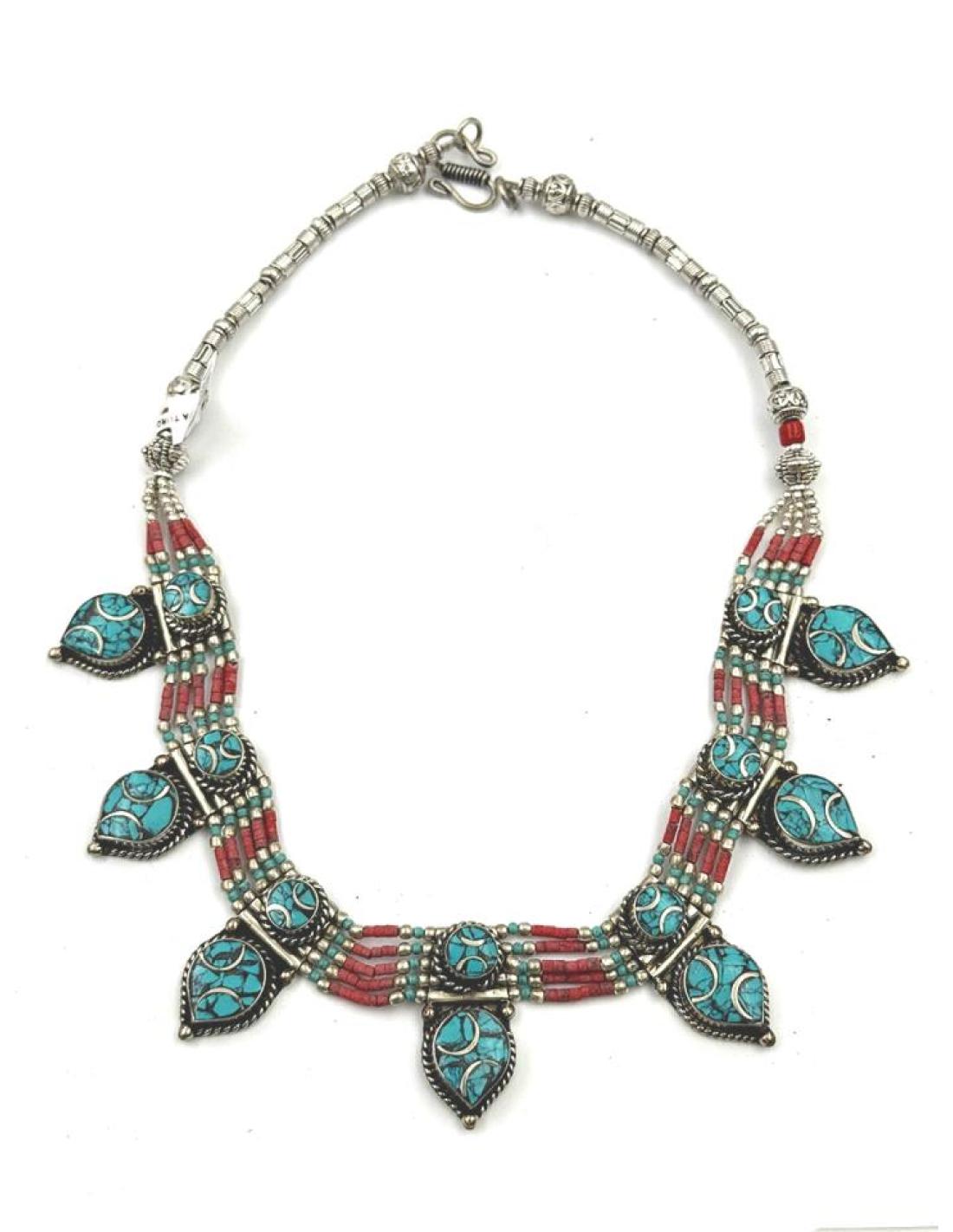 Collier Ethnique Bohème - Turquoise Et Argent - Amulette Pendentif