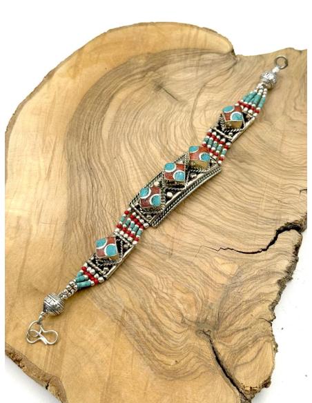 PULSERA PLATA PIEDRA TURQUESA Y CORAL JOYA NEPAL | MODA BOHO CHIC