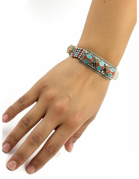 PULSERA PLATA PIEDRA TURQUESA Y CORAL JOYA NEPAL | MODA BOHO CHIC