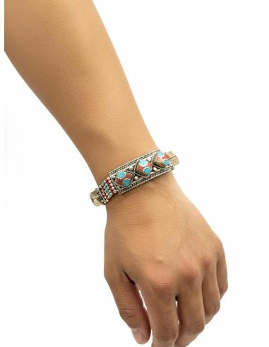 PULSERA PLATA PIEDRA TURQUESA Y CORAL JOYA NEPAL | MODA BOHO CHIC