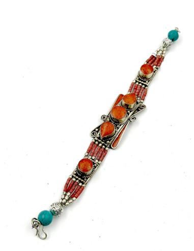 PULSERA PLATA NEPALI CON PIEDRA ROJO CORAL | MODA BOHO CHIC MUJER