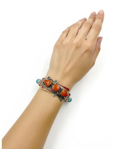 PULSERA PLATA NEPALI CON PIEDRA ROJO CORAL | MODA BOHO CHIC MUJER