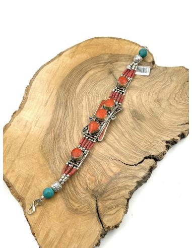 PULSERA PLATA NEPALI CON PIEDRA ROJO CORAL | MODA BOHO CHIC MUJER