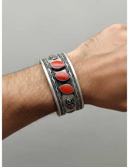 PULSERAS PLATA INDIA Y PIEDRA ROJA ESTILO BOHO | BRAZALETES MUJER