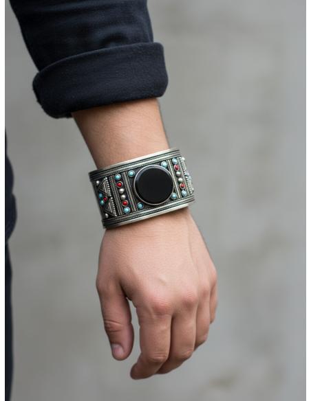 BRAZALETES ANCHOS PLATA INDIA Y PIEDRA NEGRA | PULSERAS MUJER