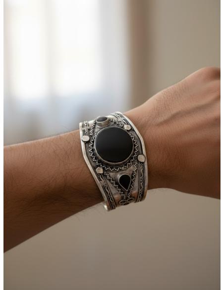 BRAZALETES ANCHOS PLATA INDIA Y PIEDRA NEGRA | PULSERAS ETNICAS