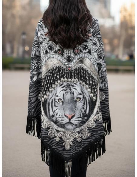 CHALES MUJER NEGROS CON TIGRE BLANCO Y FLECOS | PONCHOS BOHO CHIC