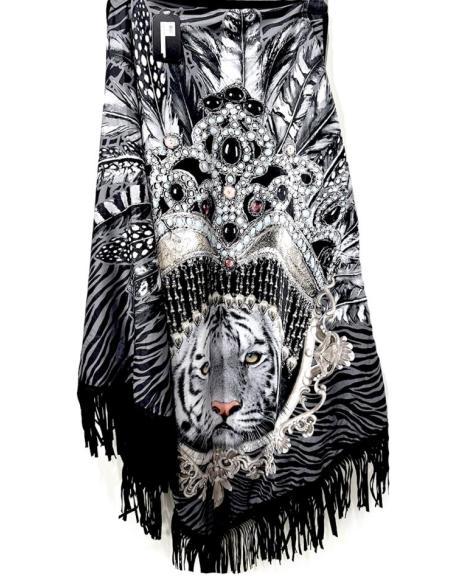 CHALES MUJER NEGROS CON TIGRE BLANCO Y FLECOS | PONCHOS BOHO CHIC