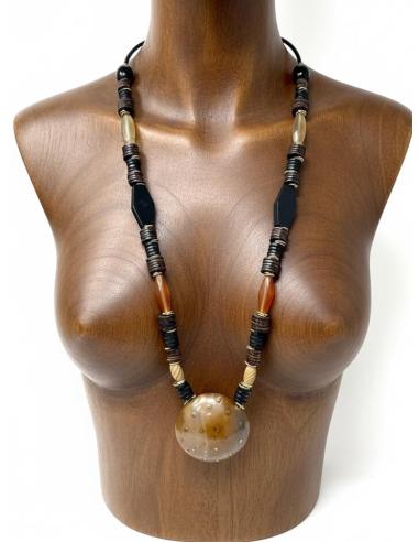 COLLAR LARGO ETNICO CHIC DE ASTA MARRON Y NARANJA | MODA MUJER