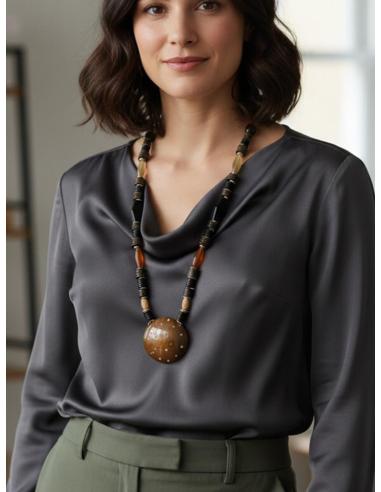 COLLAR LARGO ETNICO CHIC DE ASTA MARRON Y NARANJA | MODA MUJER