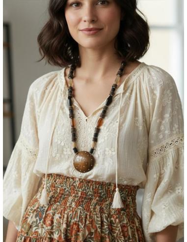 COLLAR LARGO ETNICO CHIC DE ASTA MARRON Y NARANJA | MODA MUJER