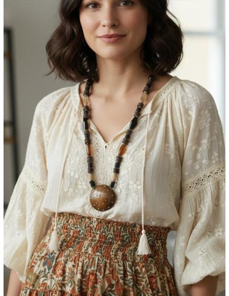 COLLAR LARGO ETNICO CHIC DE ASTA MARRON Y NARANJA | MODA MUJER