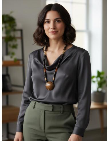 COLLAR LARGO ETNICO CHIC DE ASTA MARRON Y NARANJA | MODA MUJER