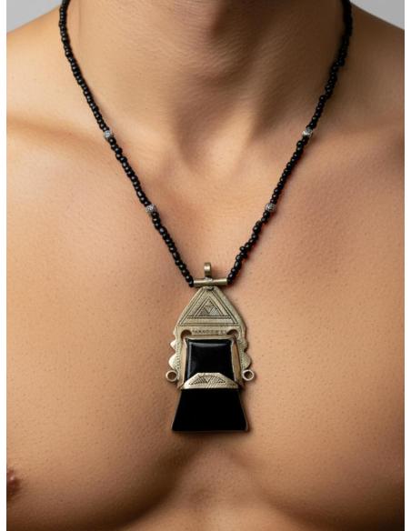 COLLARES NEGROS Y COLGANTE TRIBAL PLATEADO | JOYAS TUAREG UNISEX