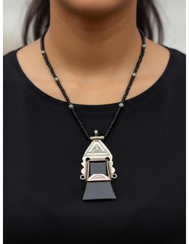 COLLARES NEGROS Y COLGANTE TRIBAL PLATEADO | JOYAS TUAREG UNISEX