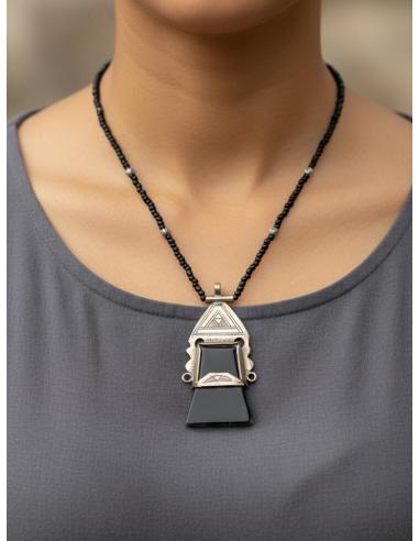 COLLARES NEGROS Y COLGANTE TRIBAL PLATEADO | JOYAS TUAREG UNISEX
