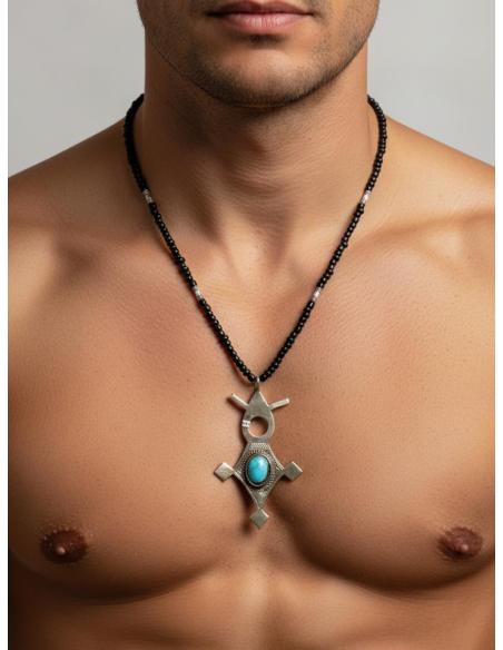 COLLARES NEGROS UNISEX CON CRUZ TUAREG CON TURQUESA | MODA TRIBAL