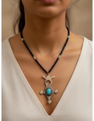 COLLARES NEGROS UNISEX CON CRUZ TUAREG CON TURQUESA | MODA TRIBAL