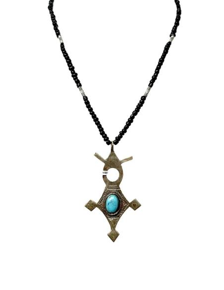 COLLARES NEGROS UNISEX CON CRUZ TUAREG CON TURQUESA | MODA TRIBAL