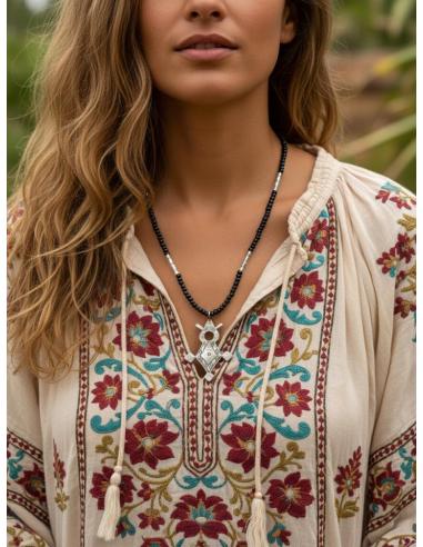 COLLARES NEGROS CORTOS Y CRUZ TUAREG PLATEADA | MUJER BOHO
